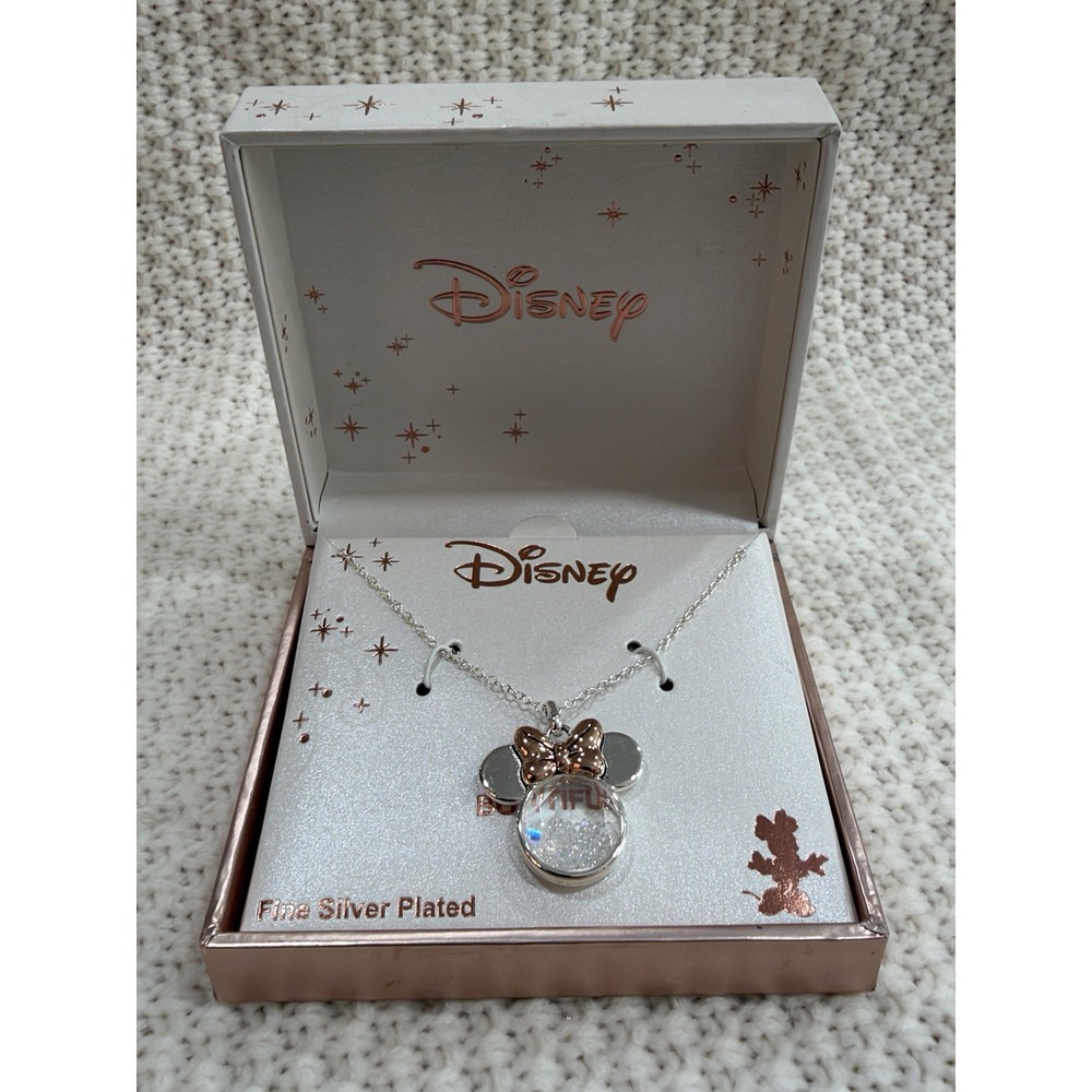 Disney Minnie Mouse Bowtiful Floating Crystal Necklace Silver Plated New Box